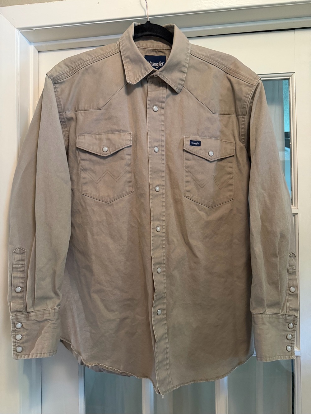 Wrangler Western Mens L Pearl Snap Heavy Cotton Long Sleeved Tan Cowboy Shirt